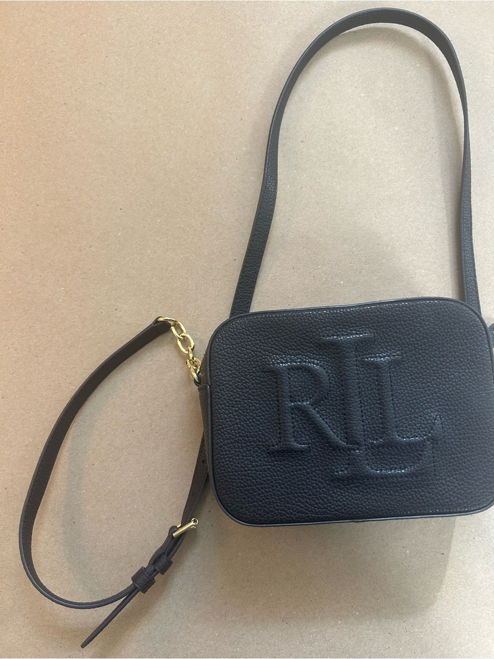 Ralph Lauren Black Embossed RL Leather Crossbody